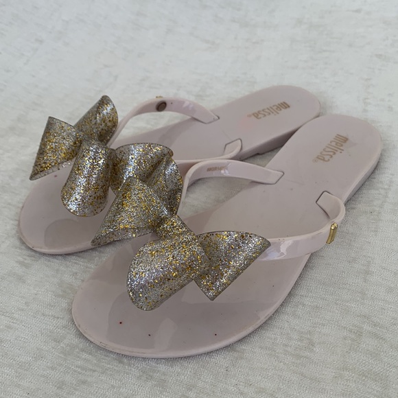 Melissa Harmonic Gold Silver Glitter Sparkle Bow Jelly Flip Flop Sandals - Picture 3 of 10
